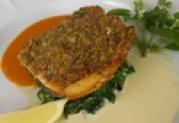 Herb Crusted Norwegian Salmon ノルウェーサーモンのダブルソース（P580）